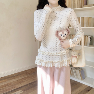 女秋冬内搭长袖 温柔韩系半高领波点花边针织打底衫 T恤 Dear