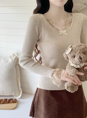 【Dear YN】 温柔秋冬V领蕾丝针织打底衫加厚内搭修身显瘦上衣女