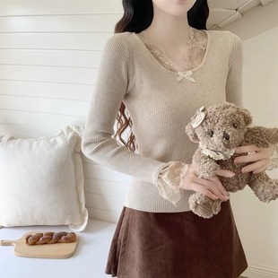 加厚内搭修身 温柔秋冬V领蕾丝针织打底衫 显瘦上衣女 Dear