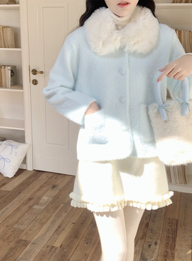 【Dear YN】秋冬小香风带毛领仿貂绒开衫保暖针织外套上衣女新款