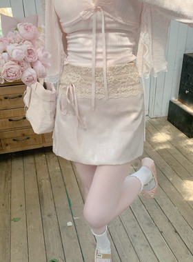 【Dear YN】温柔甜美缎面蕾丝拼接系带A字短裙优雅包臀裙春夏新款