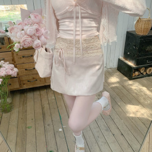 温柔甜美缎面蕾丝拼接系带A字短裙优雅包臀裙春夏新款 Dear