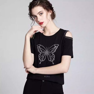 重工烫钻蝴蝶露肩圆领短袖 2026大码 夏季 新款 T恤 女装