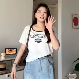 2026夏装新款胖mm大码女韩版时尚撞色印花字母短袖T恤