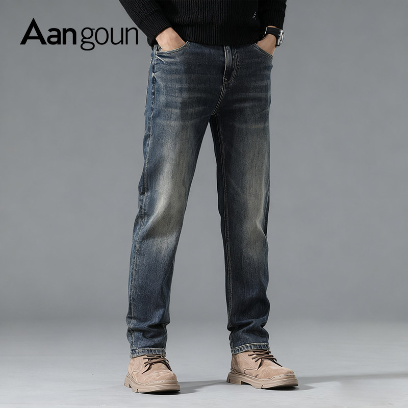 【长绒棉】亚狮龙牛仔裤男修身直筒秋冬款款弹力潮流复古蓝色裤子