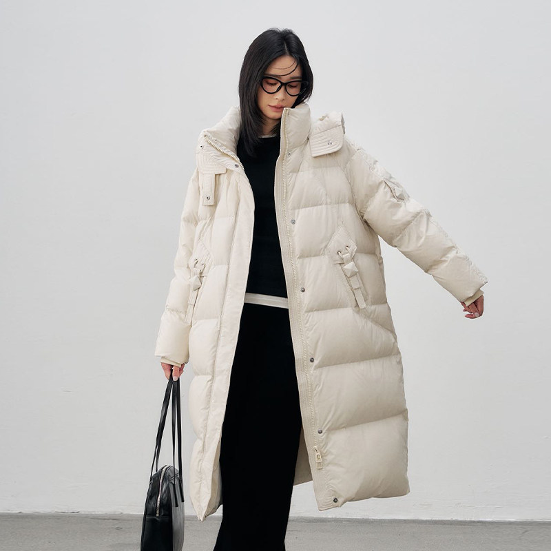 2026冬季过膝长款连帽羽绒服女纯色保暖时尚休闲外套