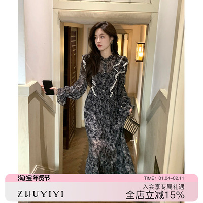 法式复古黑色碎花连衣裙长袖雪纺