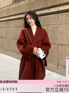 新年红色宽松双面大衣女秋冬季高端宽松毛呢外套结婚