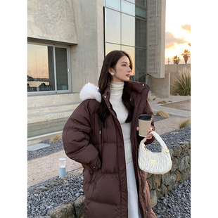 咖色长款羽绒服女2025冬季新款过膝加厚保暖狐狸大毛领白鹅绒外套