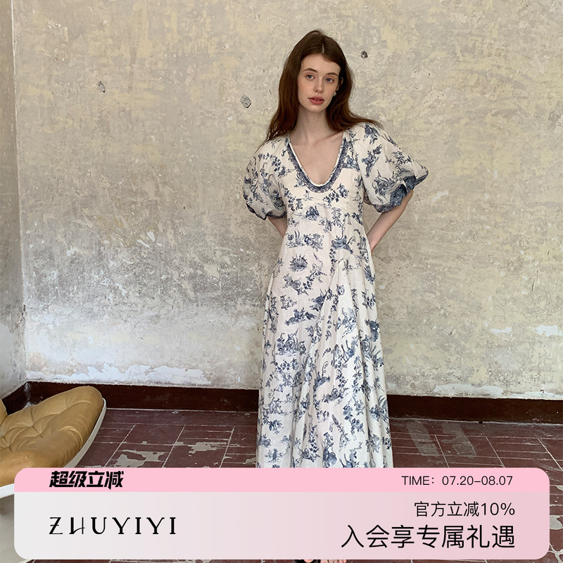 ZHUYIYI新款蓝色青花瓷连衣裙