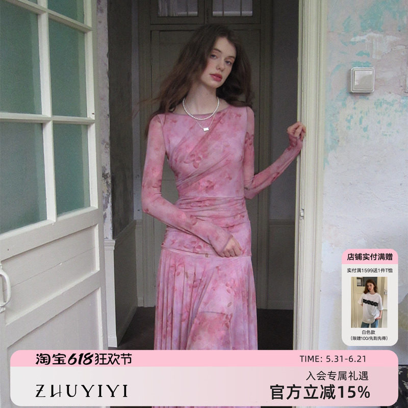 ZHUYIYI 蝴蝶印花 长袖收腰网纱薄纱春季连衣裙女长裙新款早春
