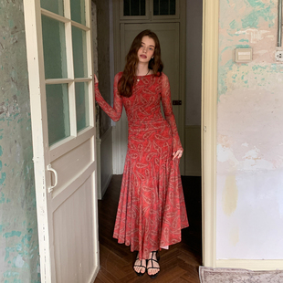 ZHUYIYI 法式新款红色腰果花长袖春季连衣裙女收腰显瘦设计感早春