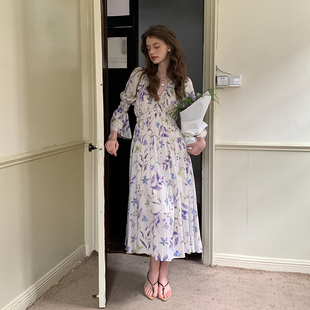 连衣裙女原创设计2025新款 收腰春季 天丝亚麻V领印花长袖 ZHUYIYI