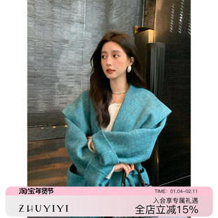 ZHUYIYI 孔雀蓝色双面羊绒大衣女秋冬季气质高级系带短款毛呢外套