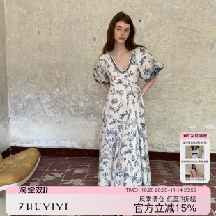 新款 亚麻印花连衣裙女夏季 高级感原创设计收腰 青花瓷 ZHUYIYI
