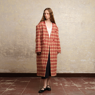 ZHUYIYI 新款无领红色格子廓形羊毛大衣女秋冬新款毛呢外套