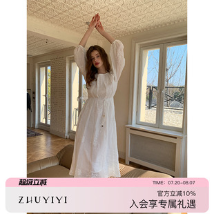 连衣裙女原创设计 ZHUYIYI 新款 白色气质长袖 刺绣100苎麻法式