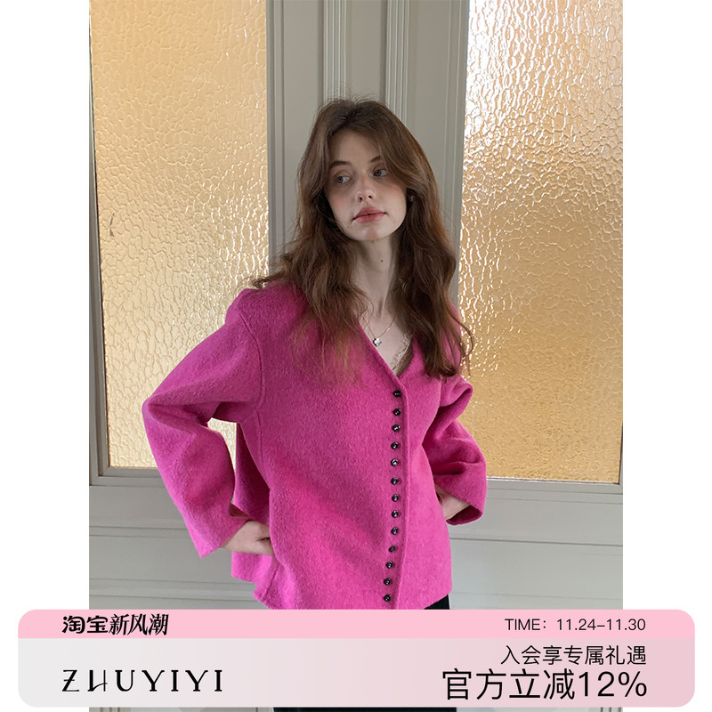 ZHUYIYI玫红色骆驼绒双面呢外套