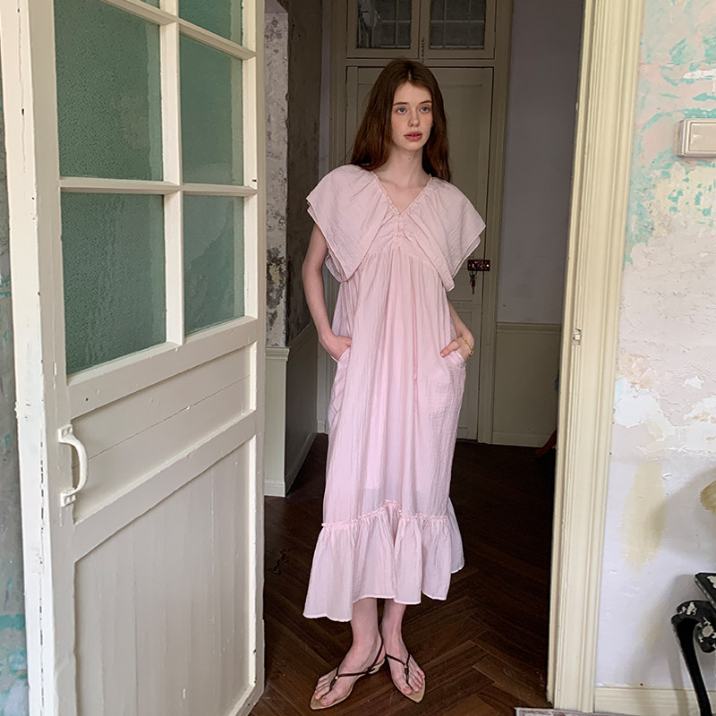 ZHUYIYI 娃娃领短袖连衣裙女夏新款荷叶袖宽松显瘦收腰修身