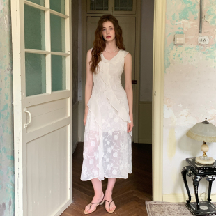 ZHUYIYI 新款法式气质白色无袖薄纱连衣裙女夏收腰长裙高级感