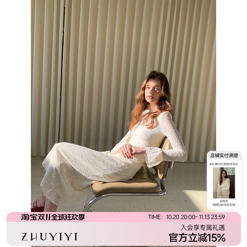 ZHUYIYI 法式复古V领高级感修身蕾丝薄纱长袖连衣裙女内加绒秋季