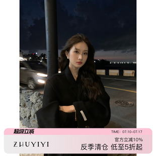 黑色雙面呢羊絨大衣女中長款 收腰雙排扣寬松高端過膝廓形毛呢外套
