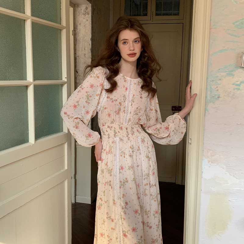 ZHUYIYI 蕾丝拼接收腰长袖早秋法式连衣裙女原创设计2025新款