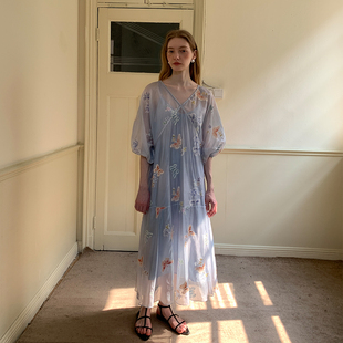 ZHUYIYI  蝴蝶刺绣薄纱连衣裙女清夏冷感高级原创设计显瘦长裙