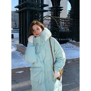 ZHUYIYI 水绿色羽绒服女冬中长款加厚狐狸大毛领宽松加绒直筒简约