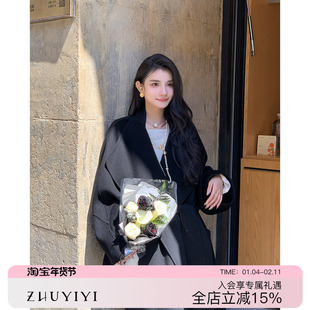 ZHUYIYI黑色双面羊绒大衣女2025冬山羊绒长款宽松高端毛呢外套女