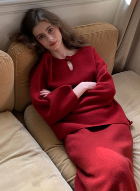 ZHUYIYI 新款秋冬针织红色羊毛毛衣女半裙套装简约修身原创设计