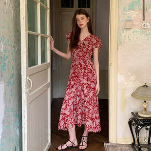 ZHUYIYI 茶歇系碎花连衣裙女夏长裙V领收腰高级感原创设计感长裙