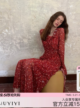 ZHUYIYI 新款印花荷叶领长袖红色春季连衣裙女收腰显瘦原创长裙