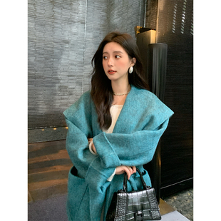 ZHUYIYI 孔雀蓝色双面羊绒大衣女秋冬季气质高级系带短款毛呢外套