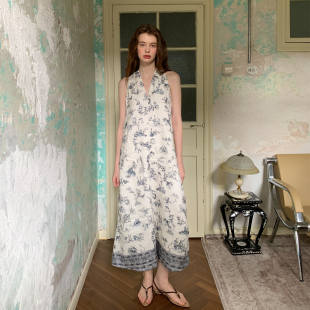 无袖 高级感新款 印花挂脖连衣裙女夏收腰显瘦长裙 青花瓷 ZHUYIYI