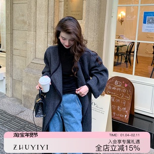 ZHUYIYI 黑色双面羊绒大衣女冬新款气质宽松赫本风毛呢外套高级感