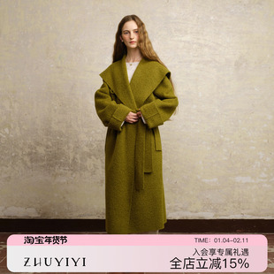 ZHUYIYI 新款羊驼毛手工长款双面羊绒大衣女大翻领秋冬高级感连帽