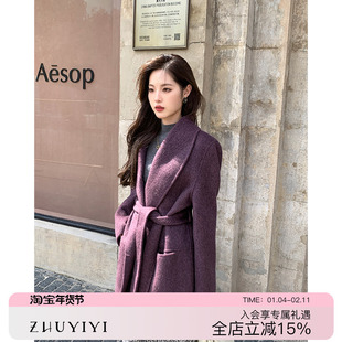 ZHUYIYI 灰紫色手工全羊毛双面羊绒大衣女秋冬短款小个子毛呢外套