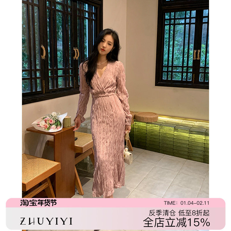 ZHUYIYI 2025春季新款温柔风粉色连衣裙女肌理感褶皱收腰气质显瘦,女装/女士精品,连衣裙,淘宝优惠券,粉丝福利购,淘宝优惠卷