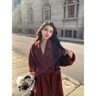 ZHUYIYI 安哥拉红色双面羊绒大衣女2025冬长款宽松斗篷羊毛呢外套