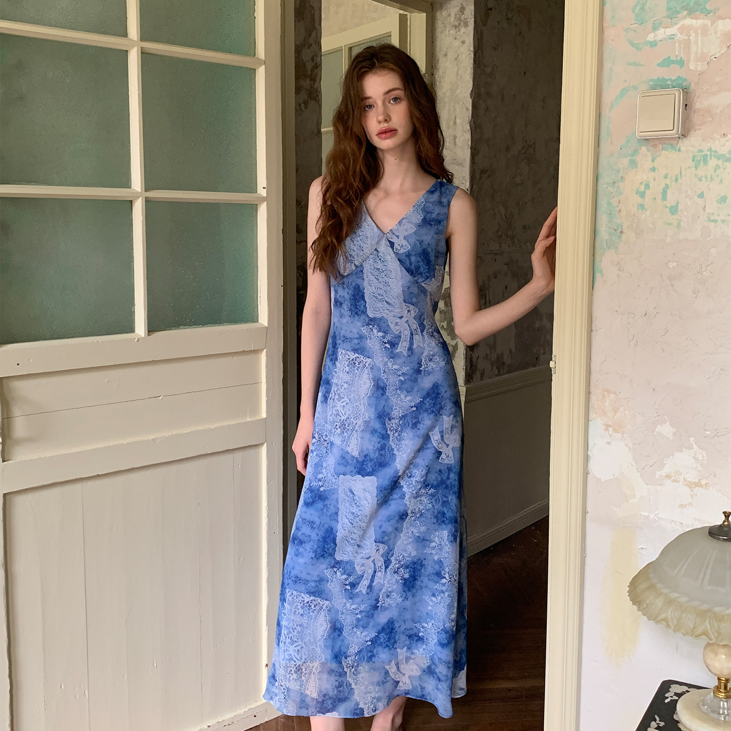 ZHUYIYI 新款法式长款印花无袖连衣裙女夏修身收腰显瘦高级感长裙