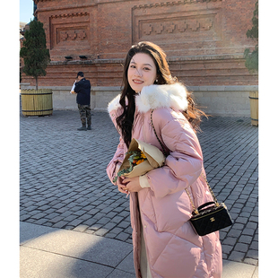 粉色长款羽绒服女202冬季新款过膝加厚保暖狐狸大毛领白鹅绒外套