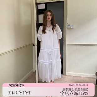 ZHUYIYI 蕾丝拼短袖亚麻白色连衣裙女夏高级感小众设计宽松显瘦
