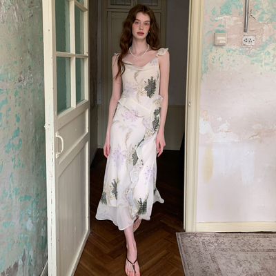 超仙印花吊带斜丝薄纱连衣裙