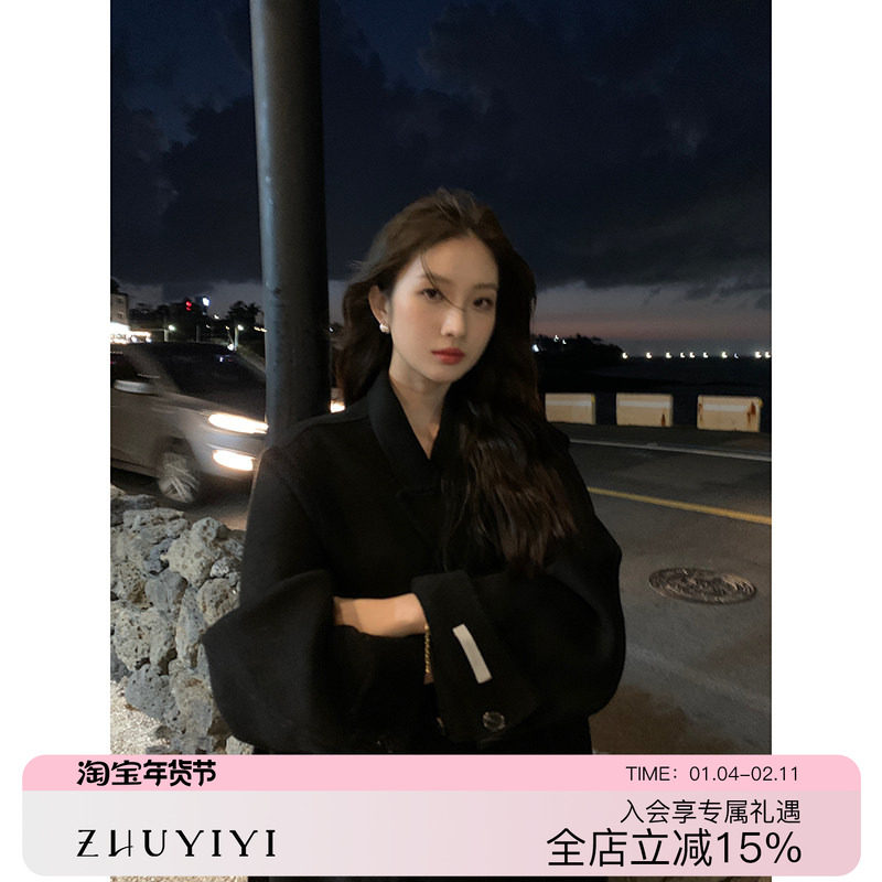 黑色双面呢羊绒大衣女中长款收腰双排扣宽松高端过膝廓形毛呢外套,女装/女士精品,毛呢外套,淘宝优惠券,粉丝福利购,淘宝优惠卷