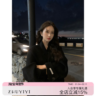 黑色双面呢羊绒大衣女中长款收腰双排扣宽松高端过膝廓形毛呢外套