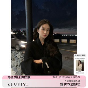 黑色双面呢大衣女中长款收腰双排扣宽松高端过膝廓形毛呢外套
