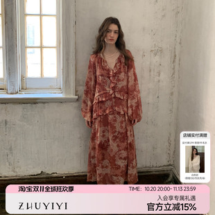 ZHUYIYI 新款法式印花宽松长袖法式掐腰连衣裙女款荷叶领长裙秋季