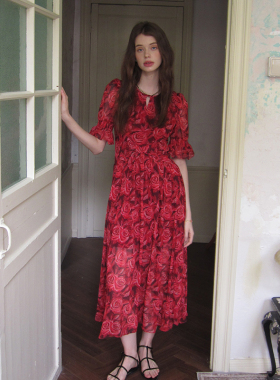 ZHUYIYI 红色印花红色连衣裙女夏长款圆领收腰显瘦新款原创设计感