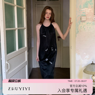 ZHUYIYI新款 原创设计 100醋酸挂脖无袖 黑色连衣裙女夏收腰长裙修身